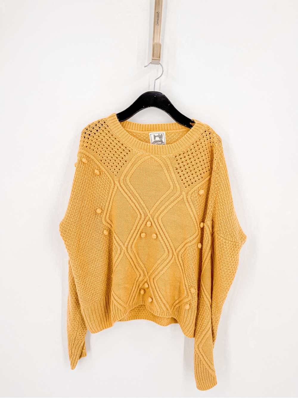 Mustard Yellow Knit Sweater Long Sleeve Boho Textured XS
